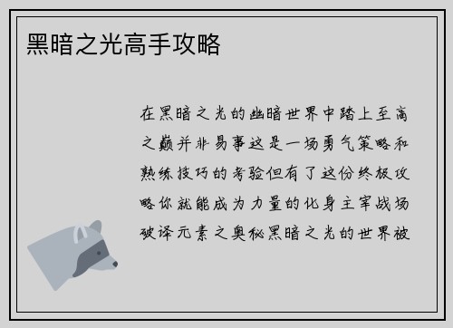 黑暗之光高手攻略